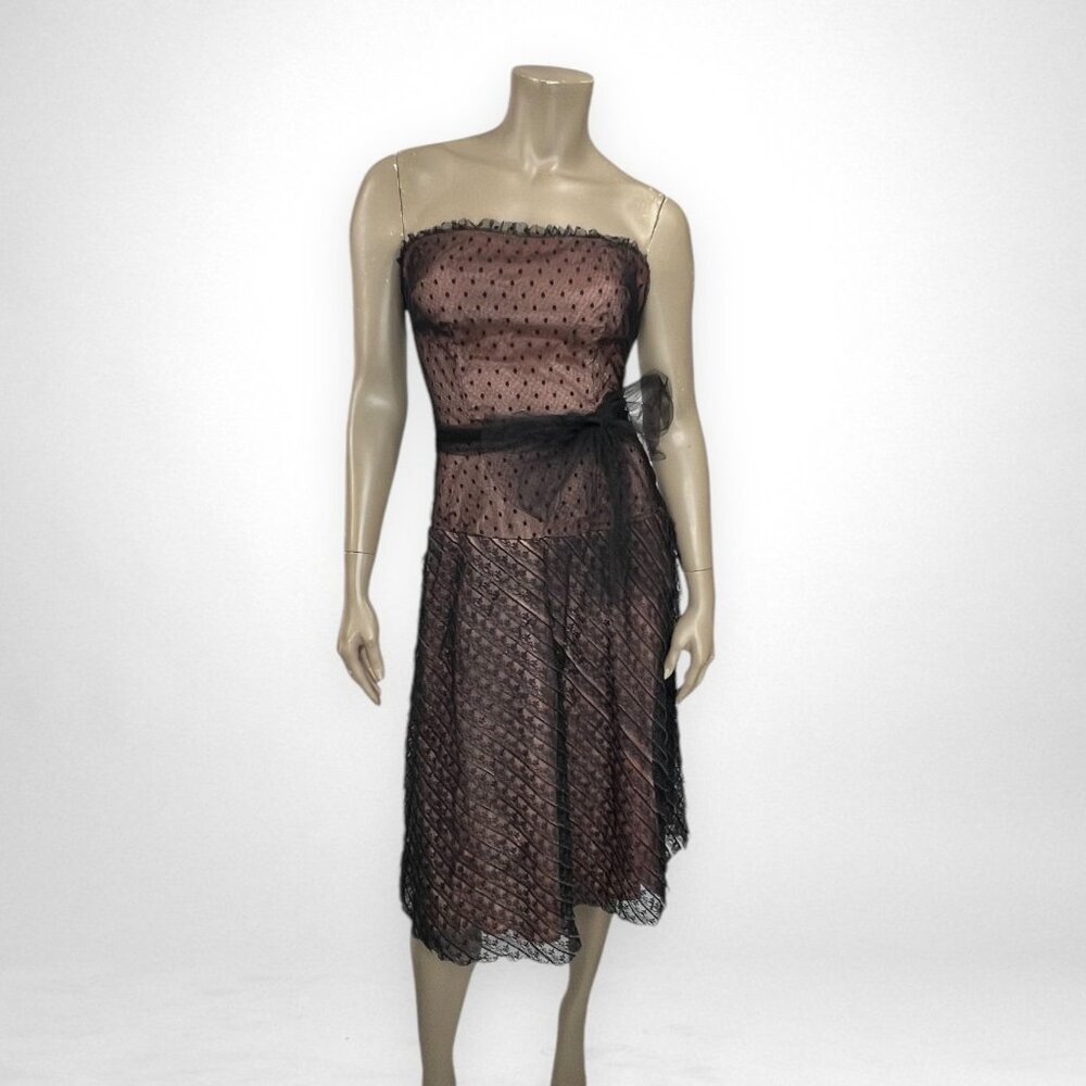 Vintage 90s Strapless Black Polka Dot Lace Midi Dress With Bow Detail 2 Party